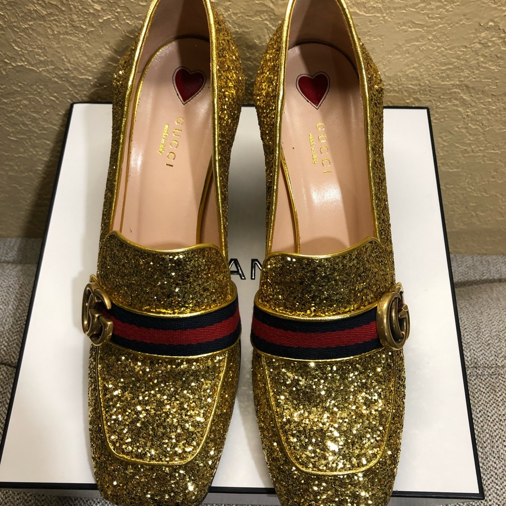 Gucci Glitter Gold Loafers with Red Heart and Blue Stripe - Picture 5 of 11